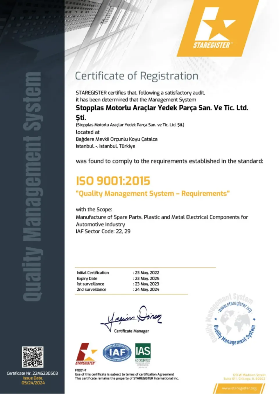 Stopplas ISO 9001 certificate